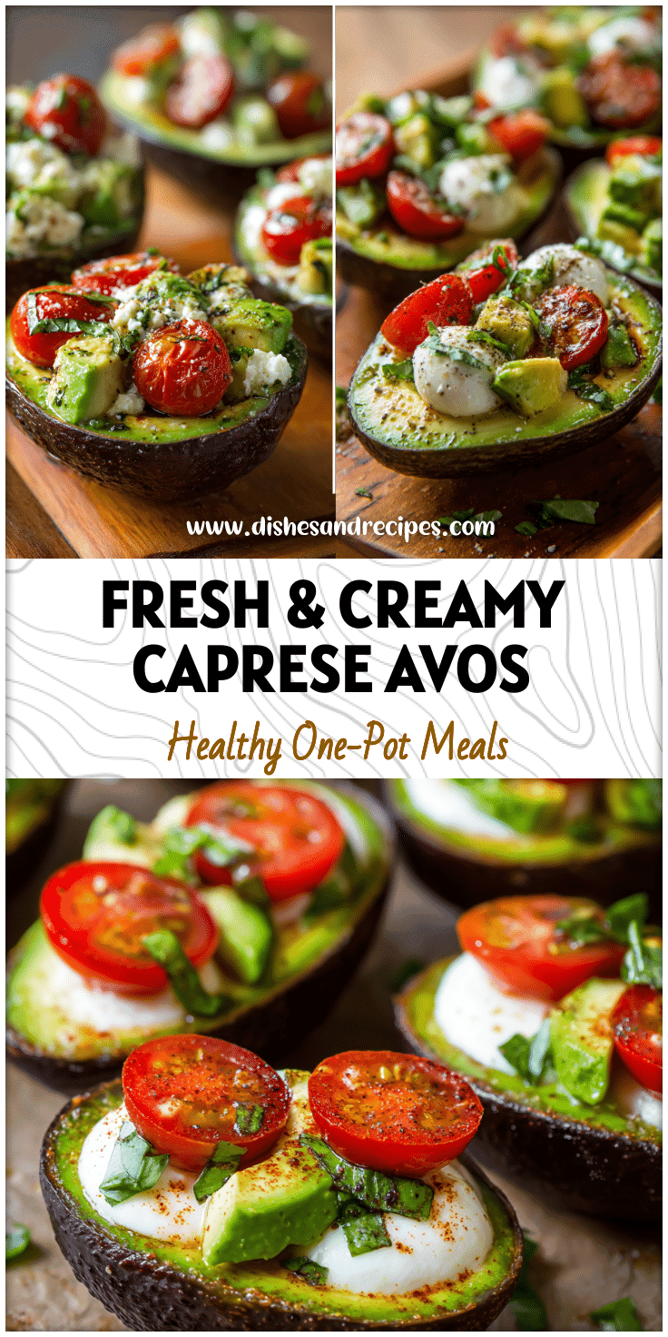Halved avocados stuffed with Caprese salad toppings served as a fresh summer lunch dish.